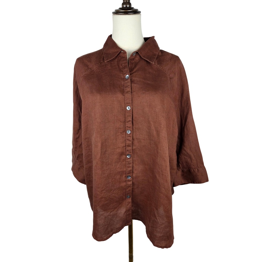 Wilt 100% Linen Button Down Shirt Size L Brown 3/4 Sleeve Earthy Minimalist NWT